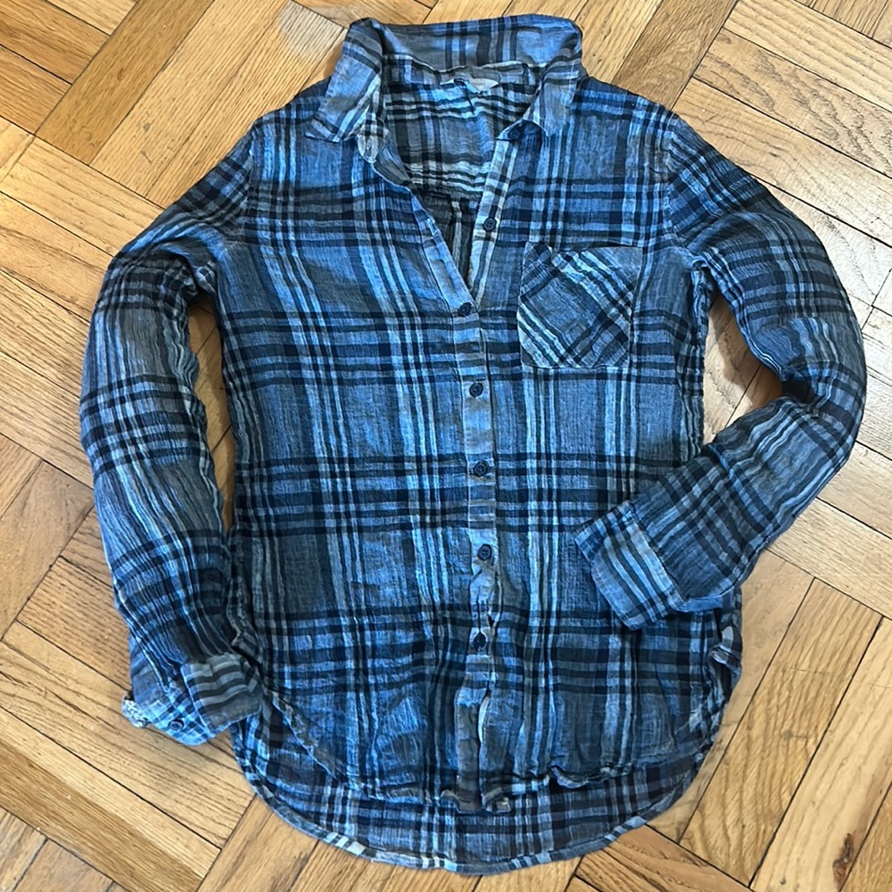 Denim colored gauzy plaid shirt
